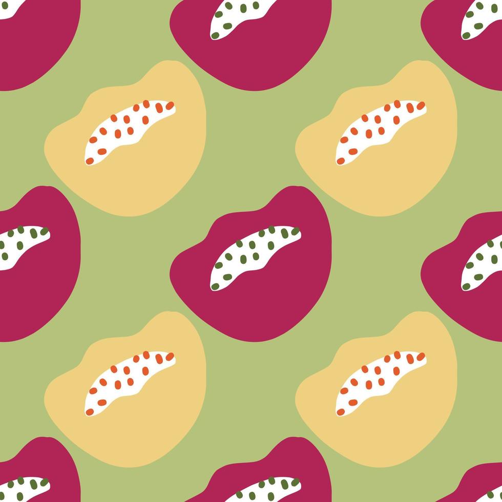 Purple and beige colored abstract shapes seamless scandi style pattern. Green pastel background. vector