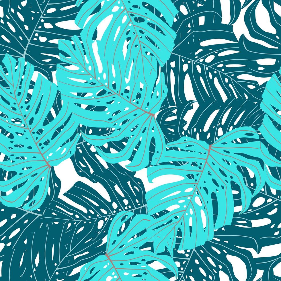 Isolated seamless pattern with doodle palm exotic monstera leaf ornament. Blue colored foliage print. vector