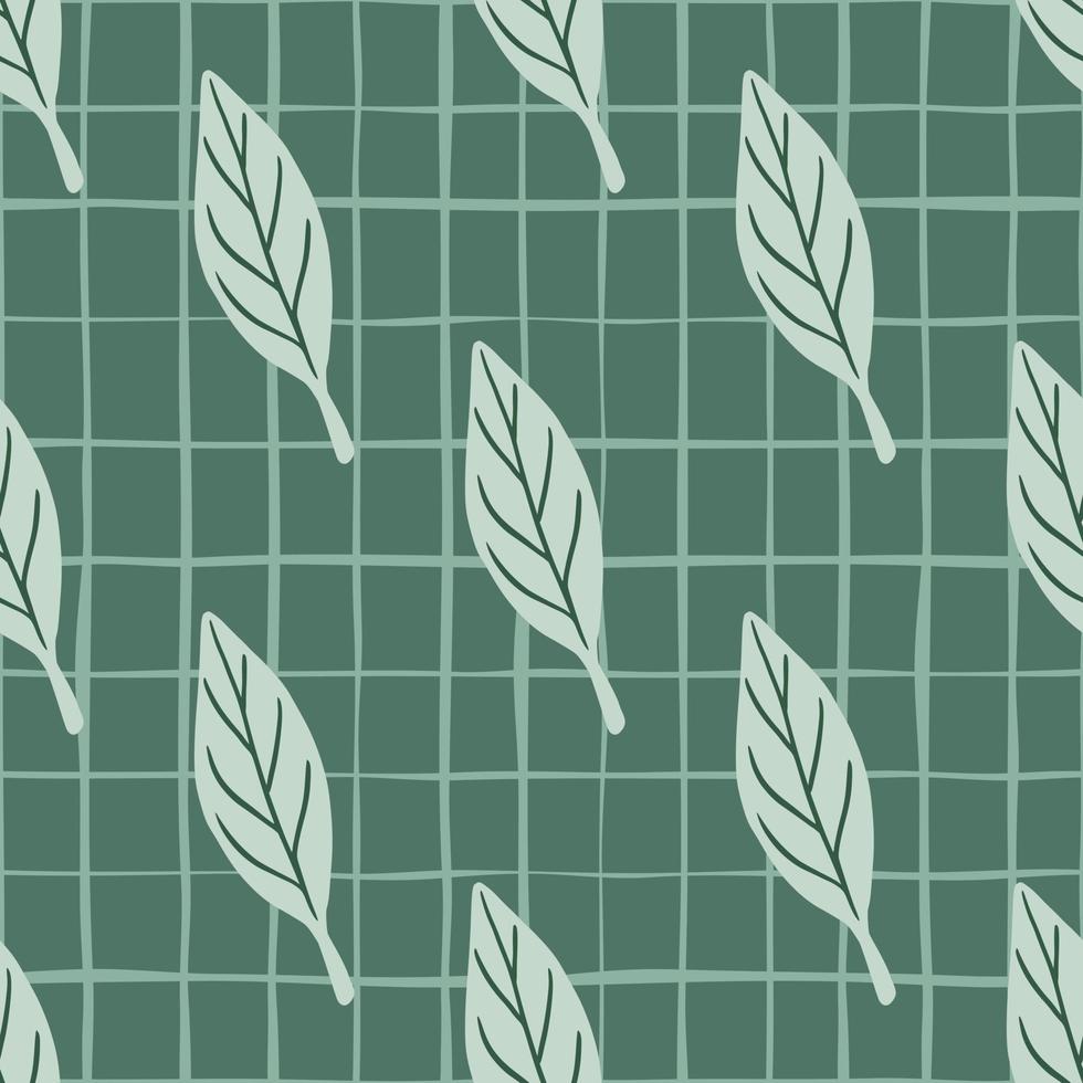 Floral botanic seamless pattern with doodle simple leaf silhouettes print. Turquoise chequered background. vector