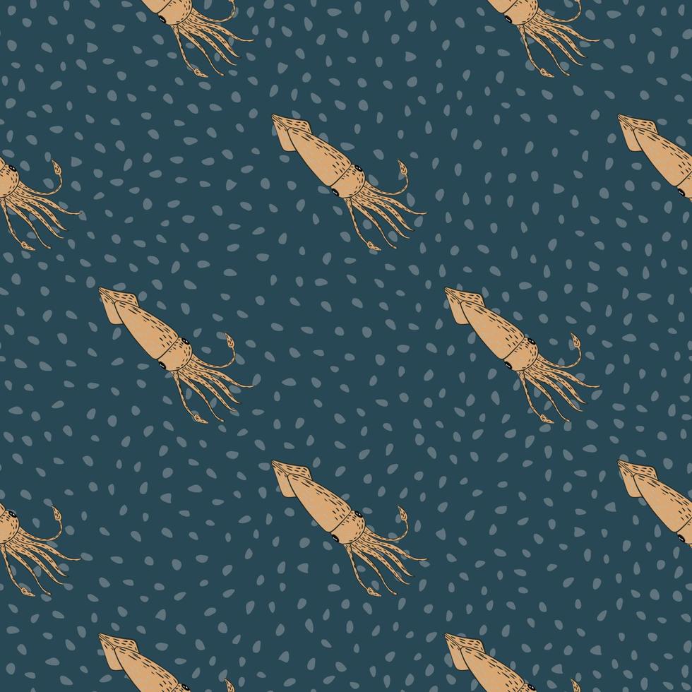 Minimalistic seamless ocean pattern with beige squid doodle silhouettes. Turquoise dotted background. vector