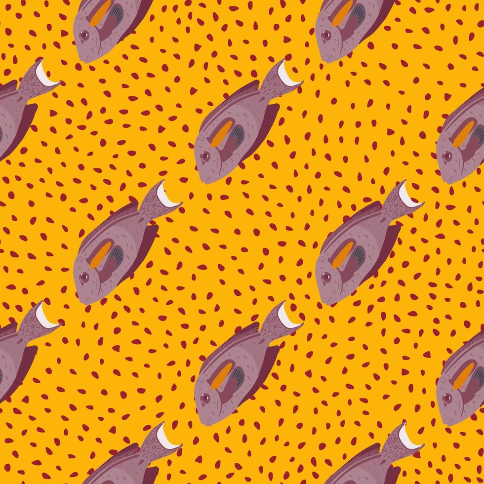 Pale purple hand drawn surgeon fish ornament seamless pattern. Yellow dotted background. vector