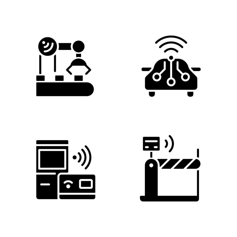 Wireless technologies black glyph icons set on white space. Remote device control. Internet of Things. Smart appliance tech. Silhouette symbols. Solid pictogram pack. Vector isolated illustration