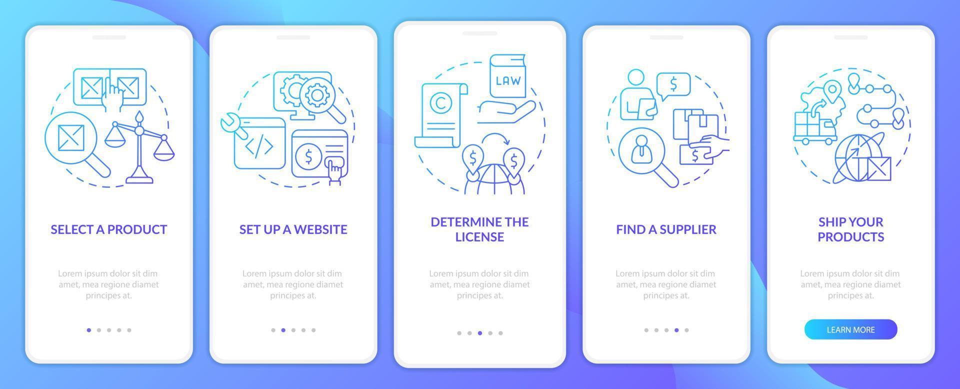 How to start export business blue gradient onboarding mobile app screen. Walkthrough 5 steps graphic instructions pages with linear concepts. UI, UX, GUI template. Myriad Pro-Bold, Regular fonts used vector