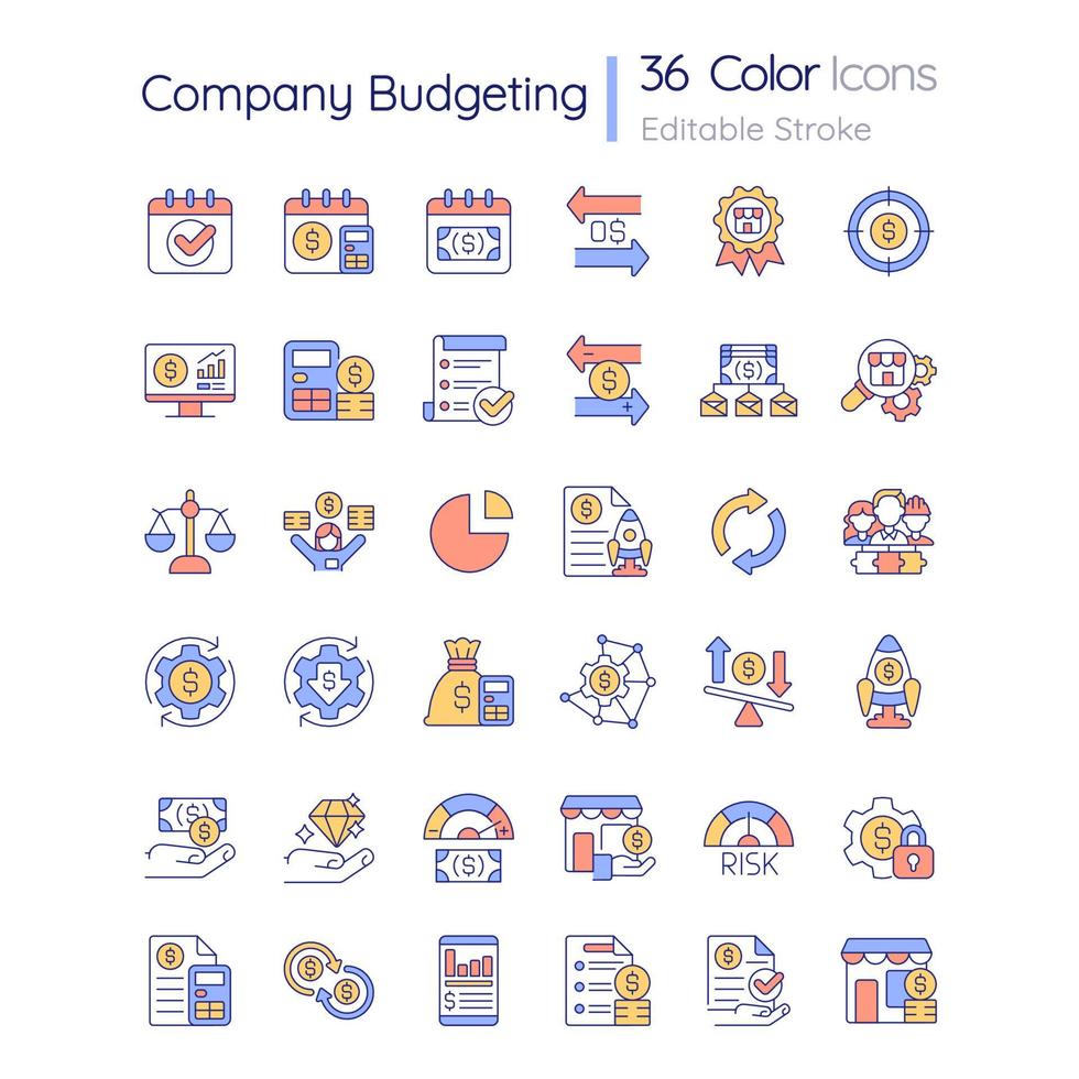 conjunto de iconos de color rgb de presupuesto de la empresa. plan financiero para empresas. gastos, ingresos. ilustraciones vectoriales aisladas. colección de dibujos de líneas llenas simples. trazo editable. fuente Quicksand-light utilizada vector