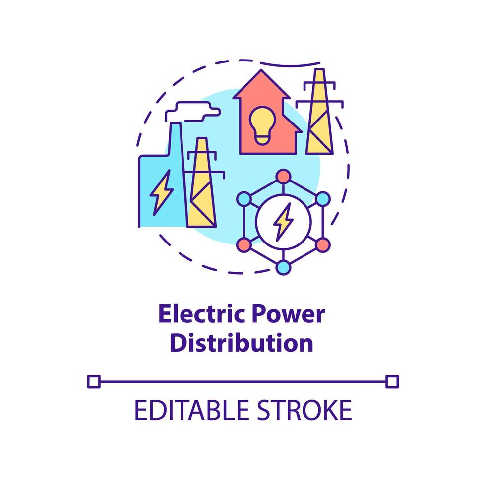 icono del concepto de distribución de energía eléctrica. Ilustración de línea delgada de idea abstracta de productividad de sistema de red inteligente. dibujo de contorno aislado. trazo editable. roboto-medium, innumerables fuentes pro-bold utilizadas vector