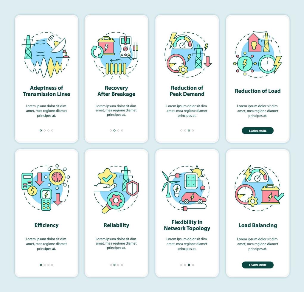 Smart grid onboarding mobile app screen set. Electric power walkthrough 4 steps graphic instructions pages with linear concepts. UI, UX, GUI template. Myriad Pro-Bold, Regular fonts used vector