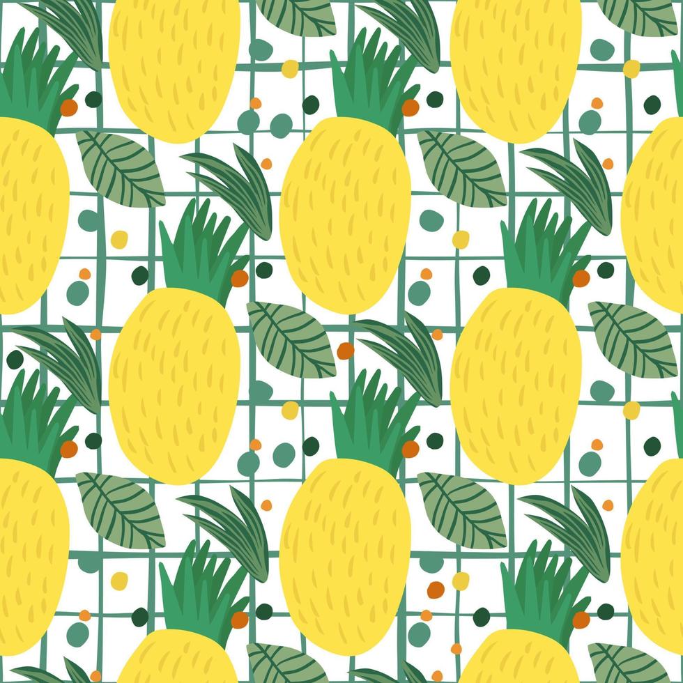 Pineapple seamless pattern on stripe background. Hand drawn pineapple vector