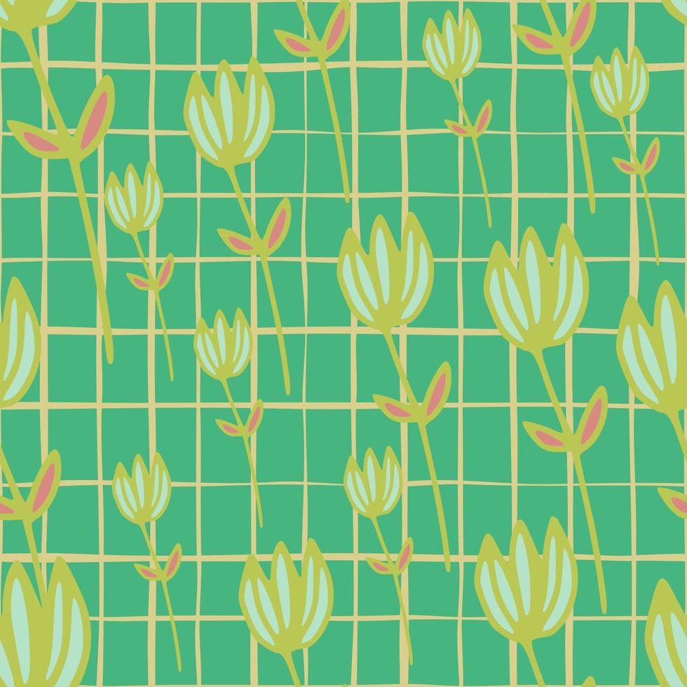 Random seamless spring pattern with green contoured flowers shapes. Turquoise background with check. vector