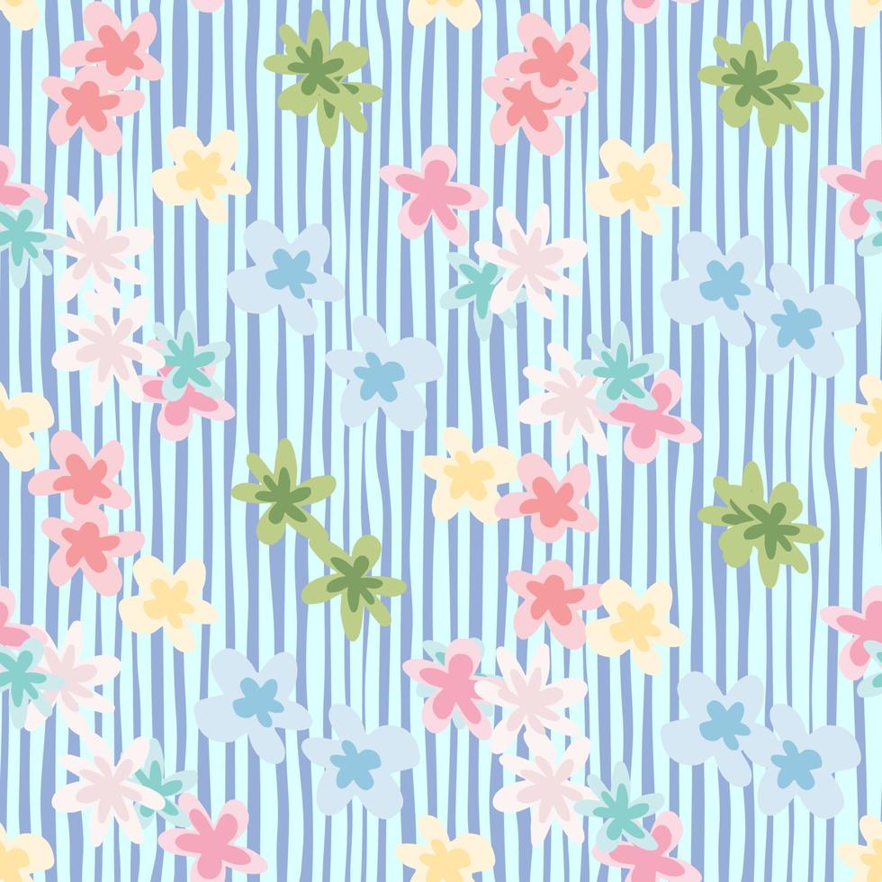 Bright multicolor seamless pattern with daisy flowers shapes. Chamomile random ornament in green, yellow and pink colors on white background with blue strips. vector