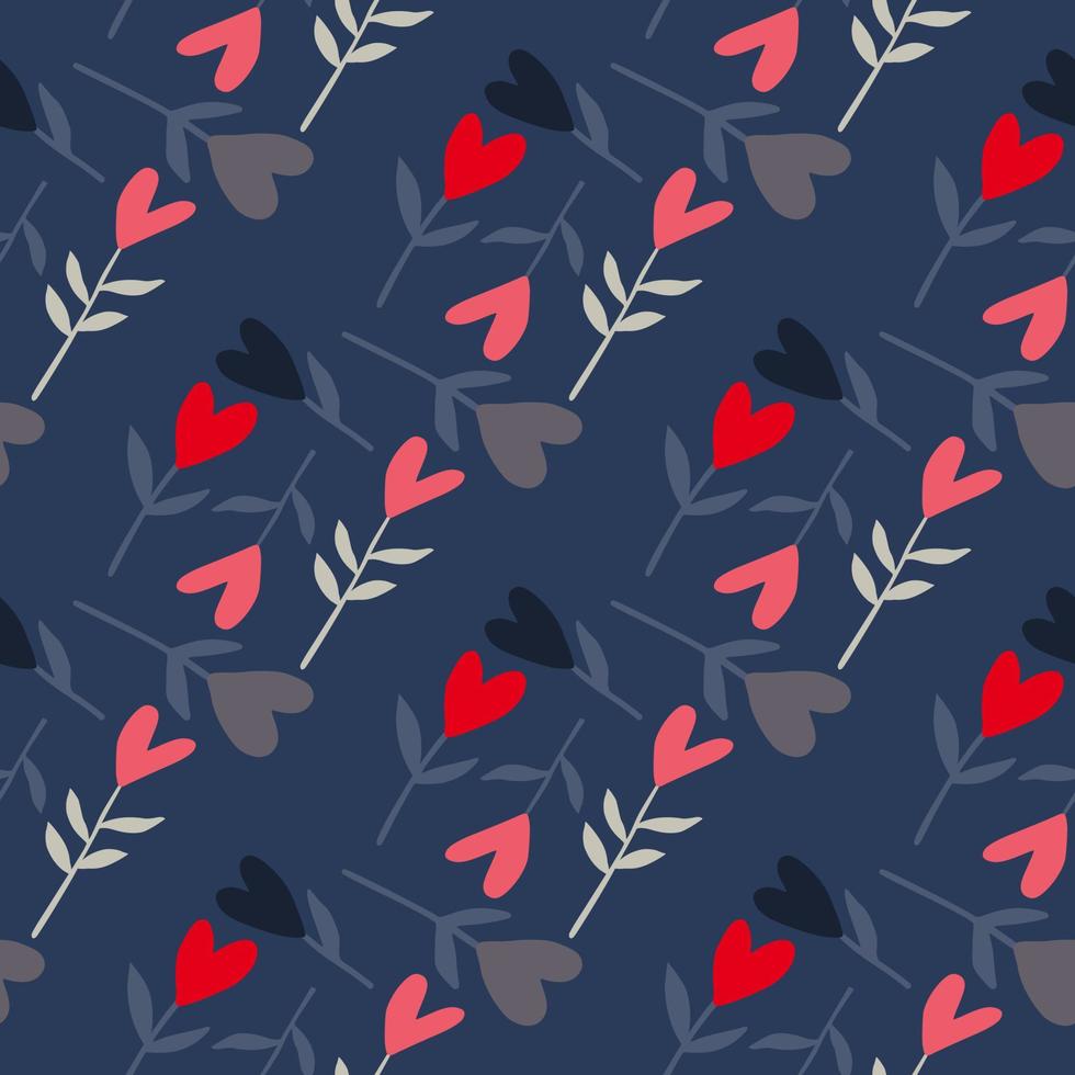 Seamless doodle pattern with heart branch silhouettes. Valentine ornament in pink and red colors on navy blue background. vector