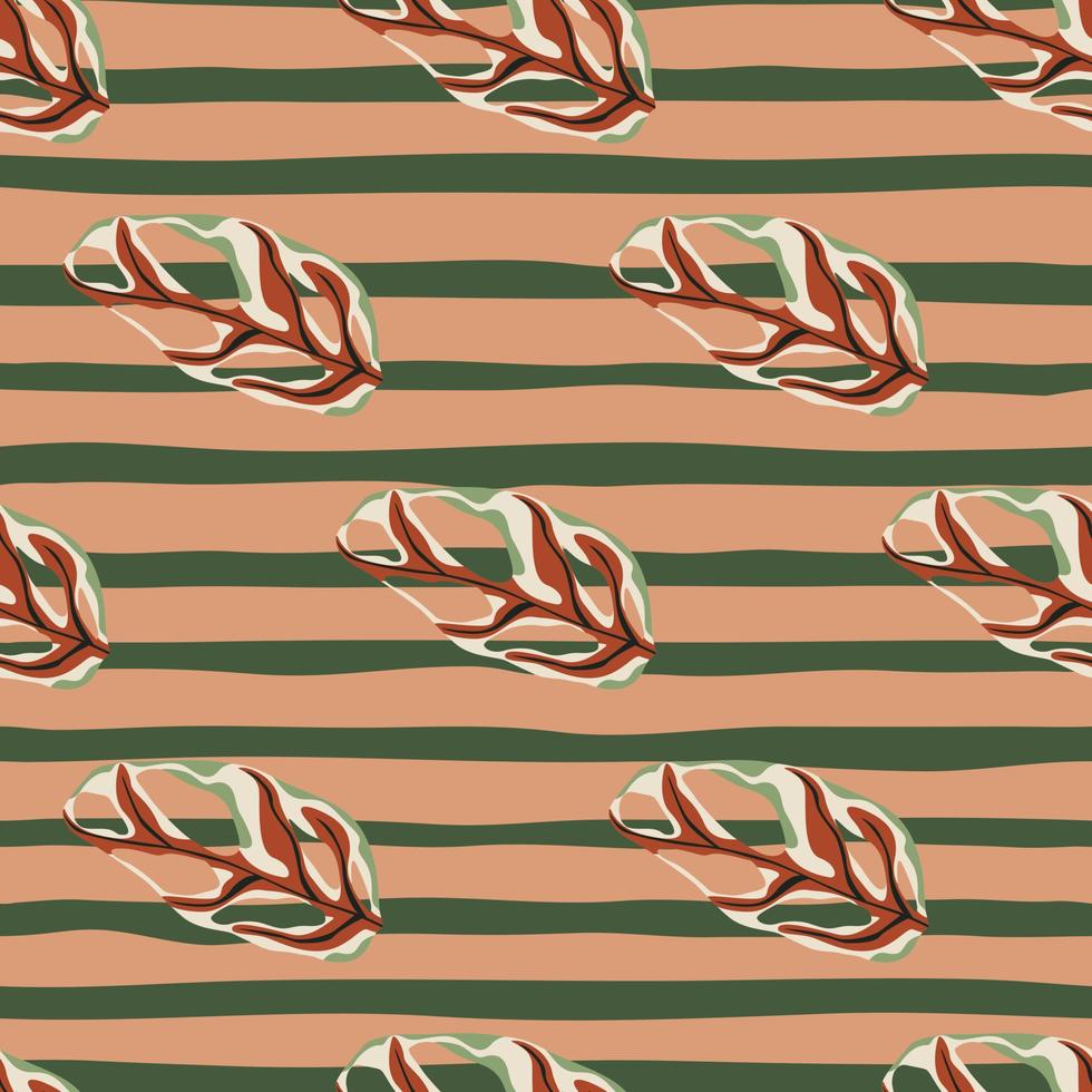 Simple red monstera shapes seamless nature pattern. Palm foliage shapes ornament on pale pink and grey striped background. vector