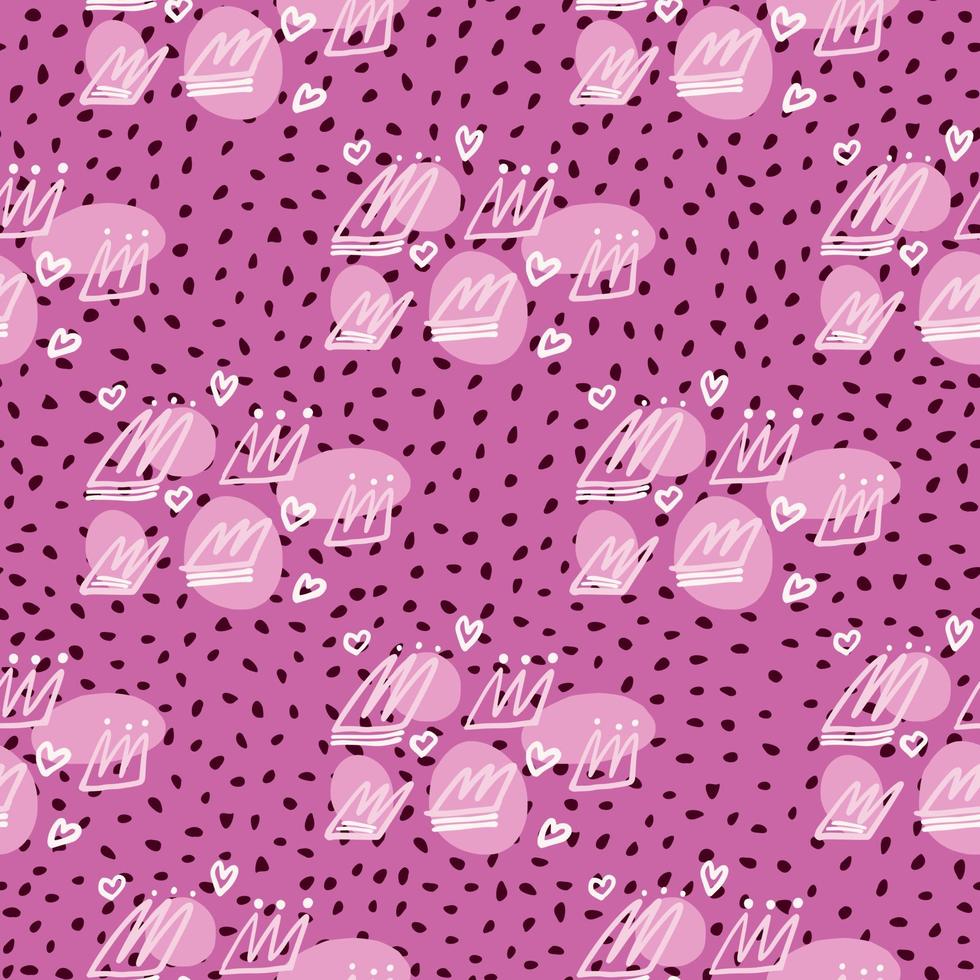 Doodle seamless pattern with contoured crowns and hearts. Lilac bright background with dots. vector