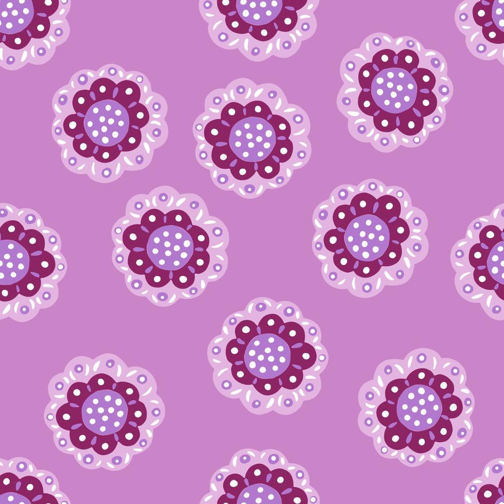 Seamless pattern with random doodle purple folk buds silhouettes ornament. Pastel violet background. vector