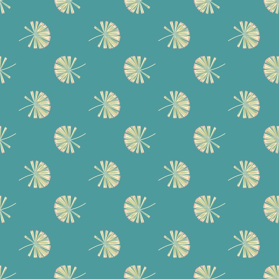 Hand drawn abstract palm alicuala ornament seamless pattern. Turquoise background. Doodle style. vector