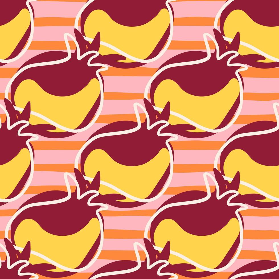 Flat food seamless pattern with maroon and yellow colored pomegranate shapes. Orange striped background. vector