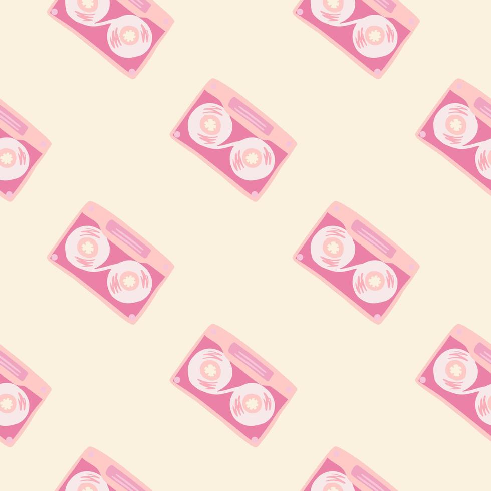 Isolated seamless pattern with doodle cassette print. Pink disco simple ornament on light background. vector