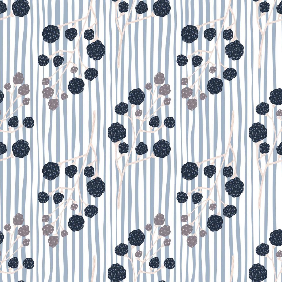 Abstract blackberry shapes seamless doodle pattern. Light striped background. Blue and grey berries. vector