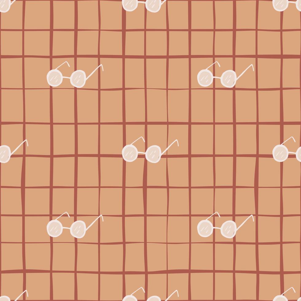 White sunlasses simple elements seamless doodle pattern. Orange chequered background. Fashion backdrop. vector