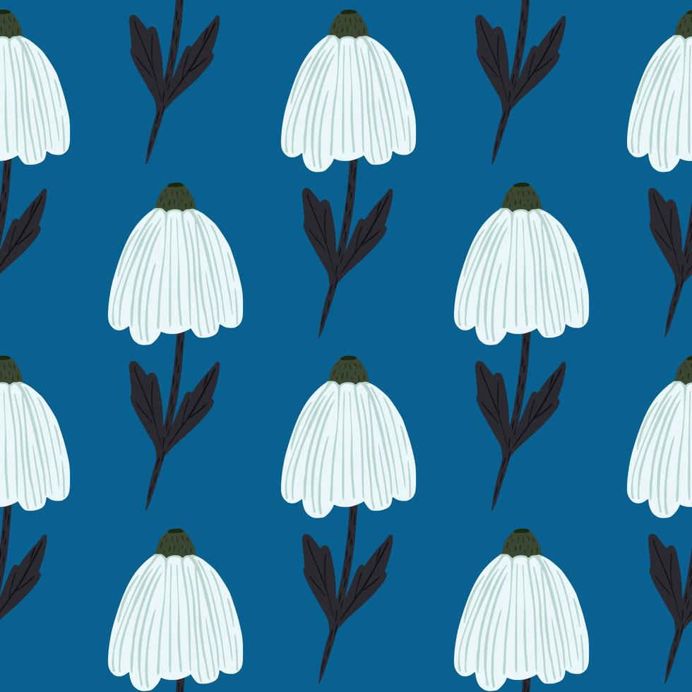 Chamomile buds in white and black colors seamless pattern. Simple doodle elements on bright navy blue background. vector