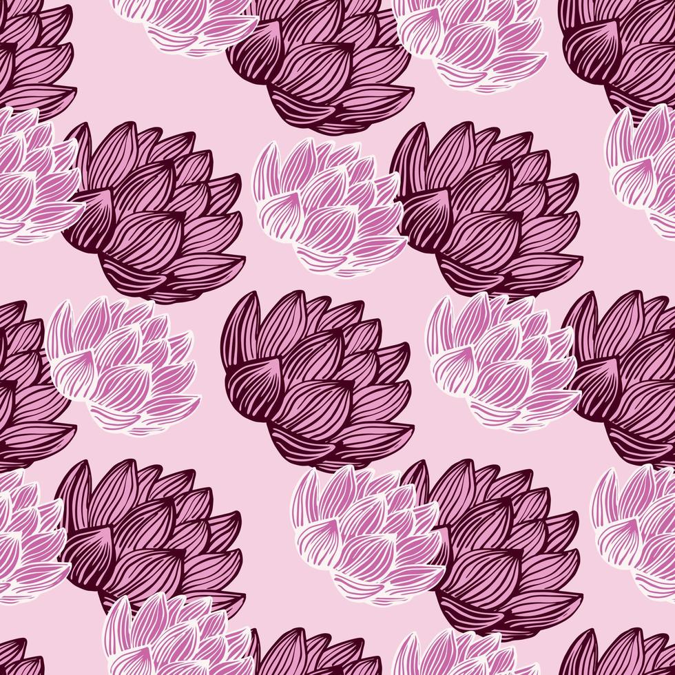 patrón de decoración creativa sin costuras con adorno de flores de loto dibujado a mano. Obra de arte en tonos rosa y lila. vector