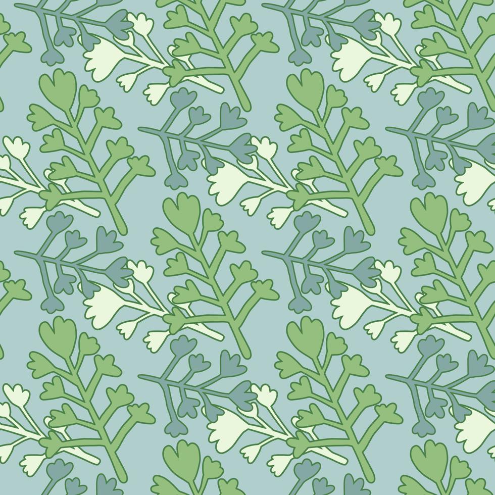 Simple spring seamless pattern with green, blue and white floral figures. Pastel light blue background. vector