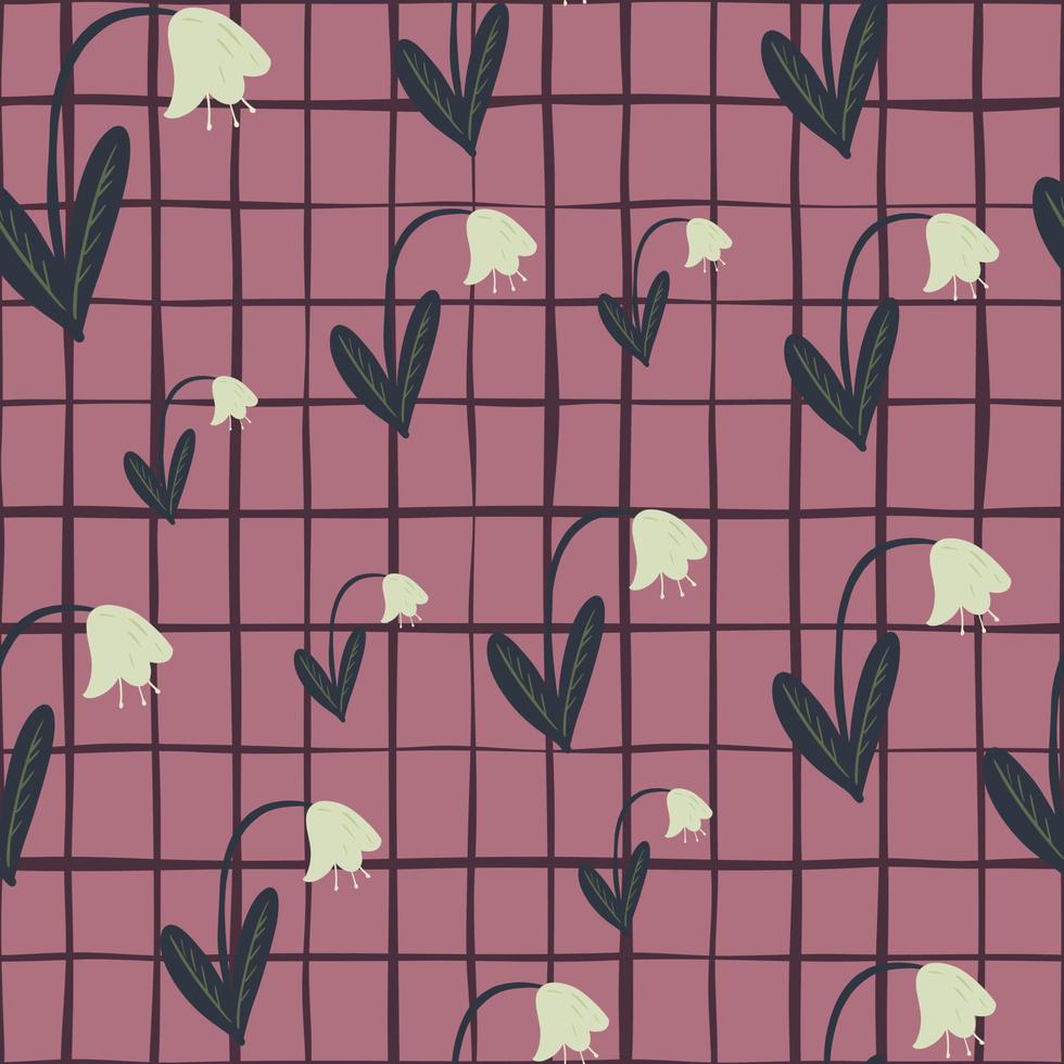 Seamless random pattern with campanula white flowers silhouettes. Dark pink background with check. vector