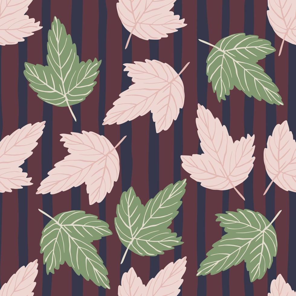 Random seamless doodle pattern with green and light leaf ornament. Striped background. Nature fall print. vector