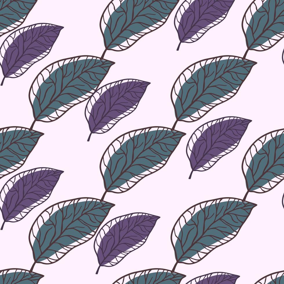 Simple isolated leaves silhouette print seamless pattern. Abstract purple and turquoise elements on white background. vector