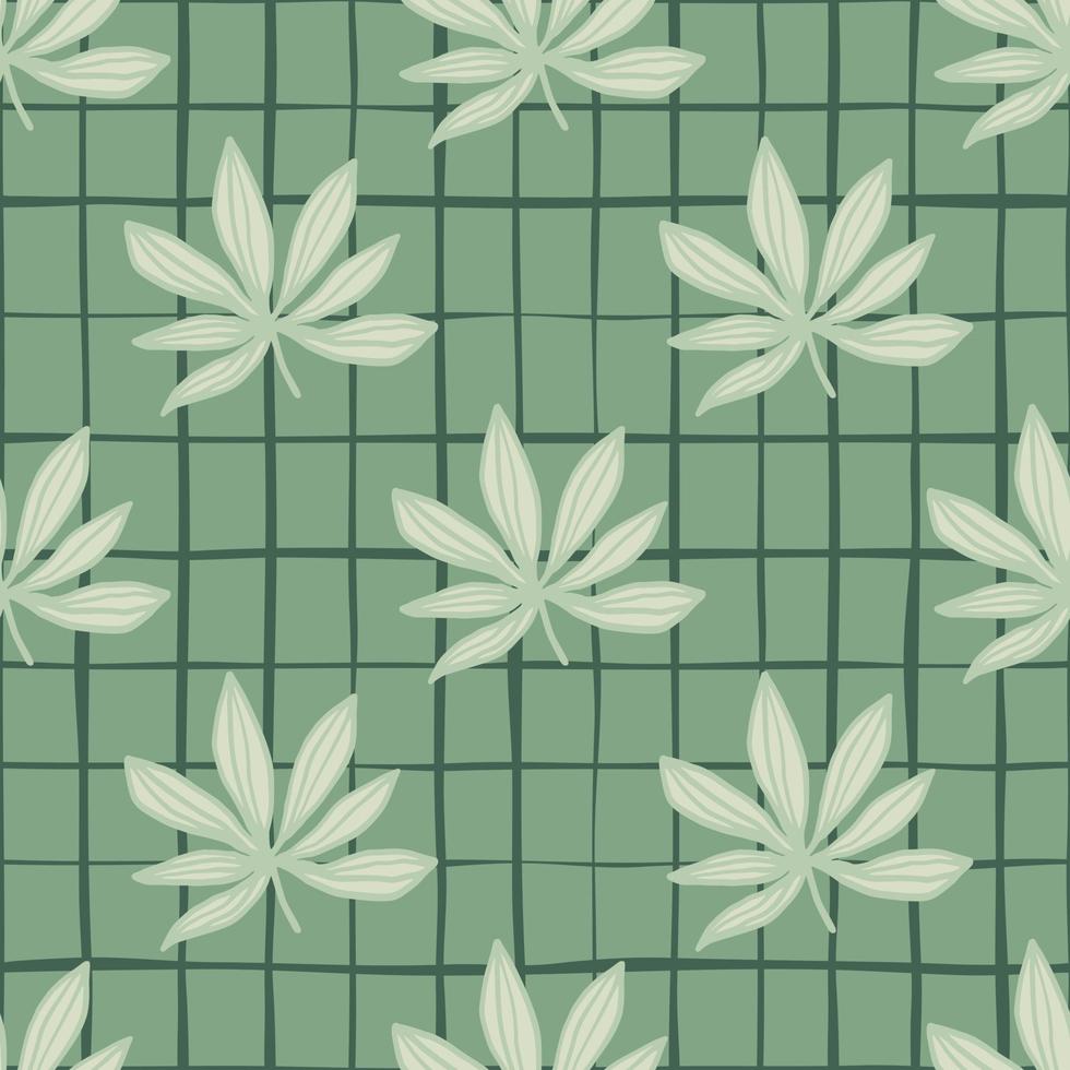 Grey simple cannabis ornament seamless pattern. Green background with check. Drug floral backdrop. vector