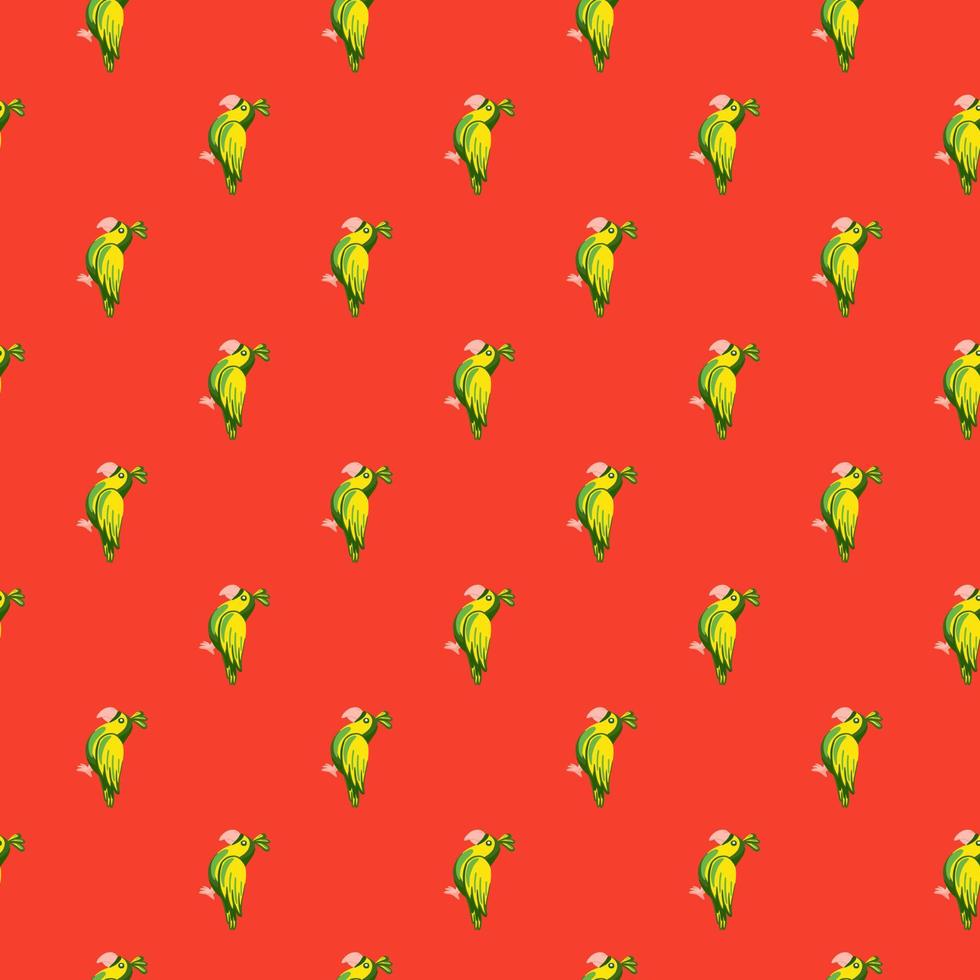 Animal bright seamless pattern with green doodle parrots bird shapes. Red background. Cartoon zoo print. vector