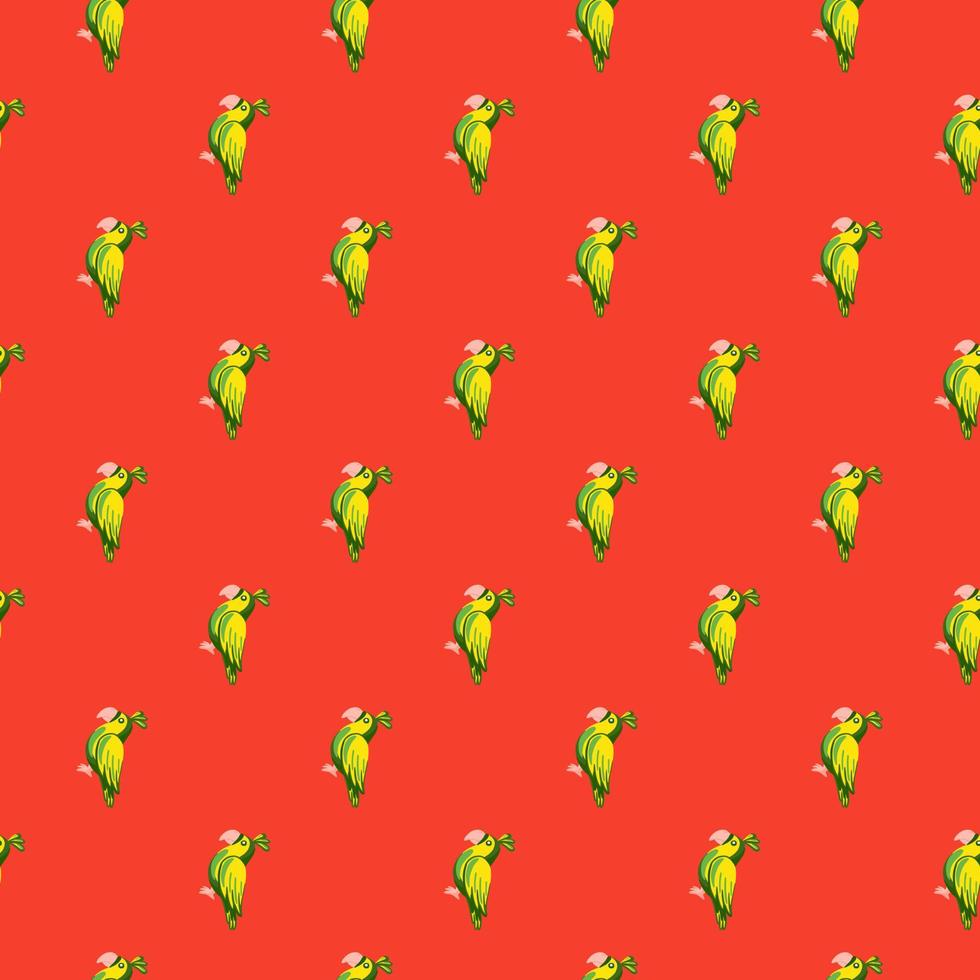 Animal bright seamless pattern with green doodle parrots bird shapes. Red background. Cartoon zoo print. vector