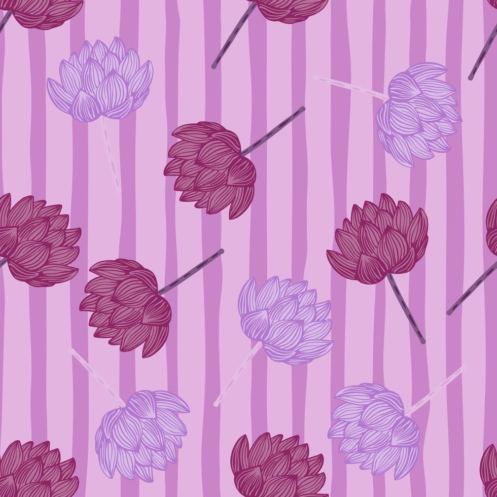 patrón decorativo sin costuras con estampado de siluetas de flores de loto al azar. fondo rayado lila. diseño simple. vector