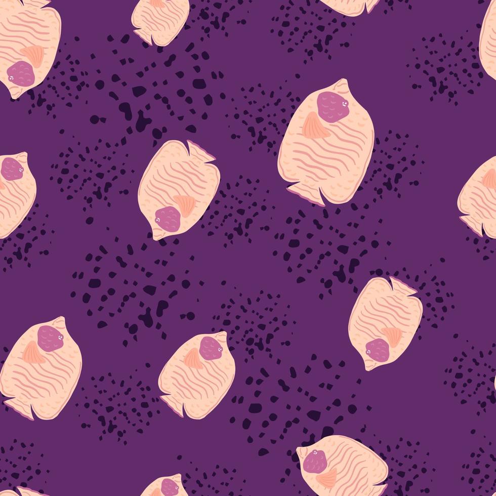 patrón aleatorio sin costuras con siluetas de peces mariposa rosas simples. fondo morado con salpicaduras. vector