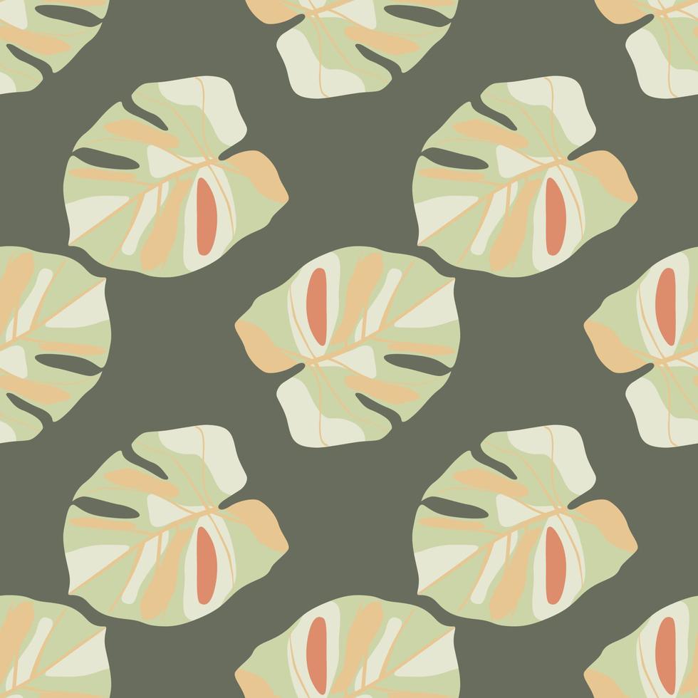 Pale seamless pattern with doodle monstera leafs shapes. Pastel tones exotic pint on dark grey background. vector