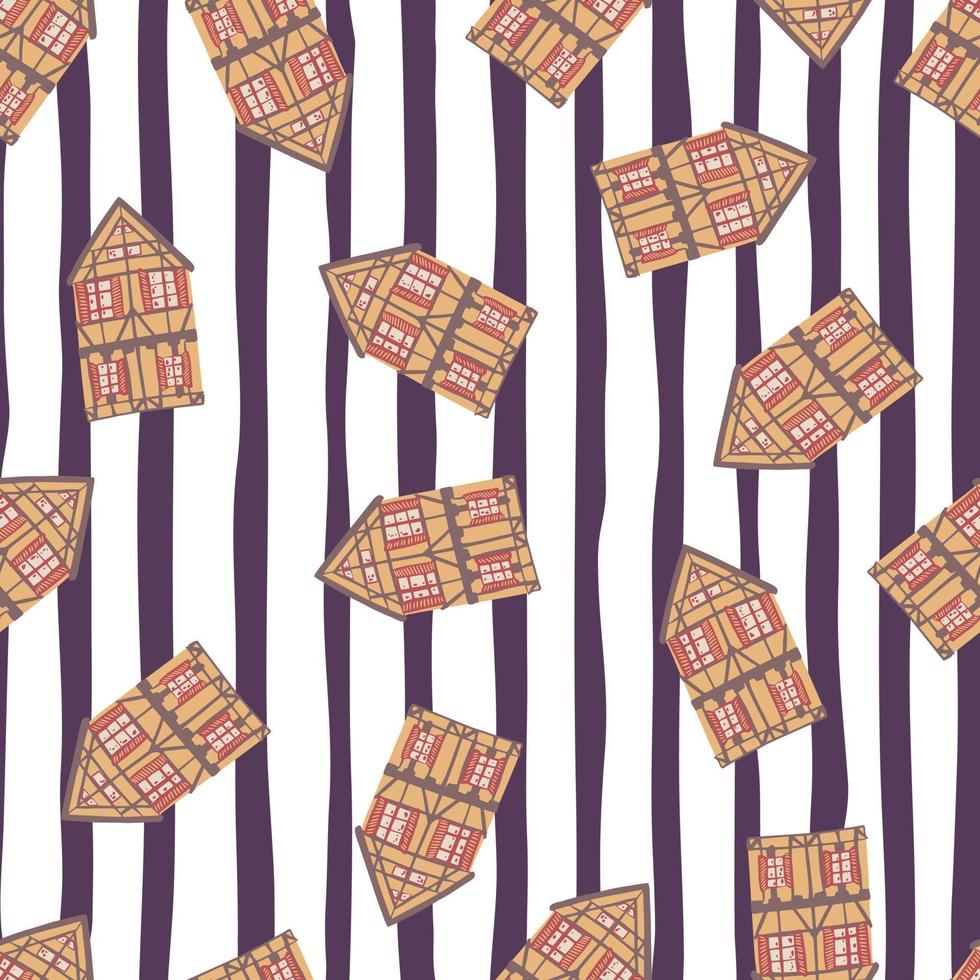 Seamless pattern with cartoon architecture house elements print. Purple and white striped background. vector