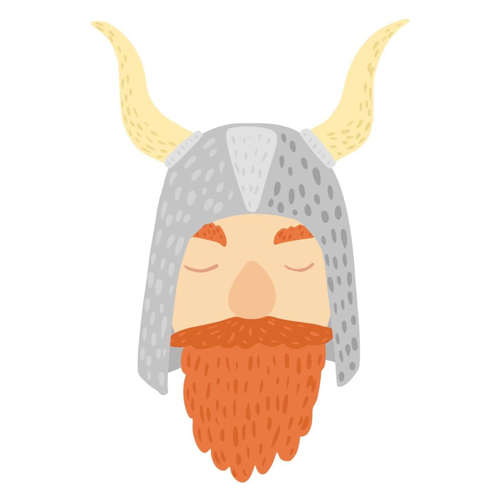 Viking in long helmet with horns isolated on white background. Cartoon cute face viking in doodle style. vector