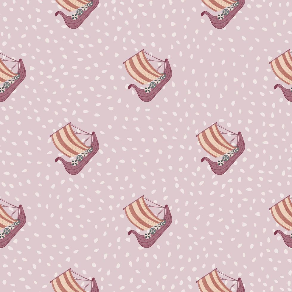 Simple seamless marine pattern with snailing ships elements. Pink background with dots. History ocean artwork. vector