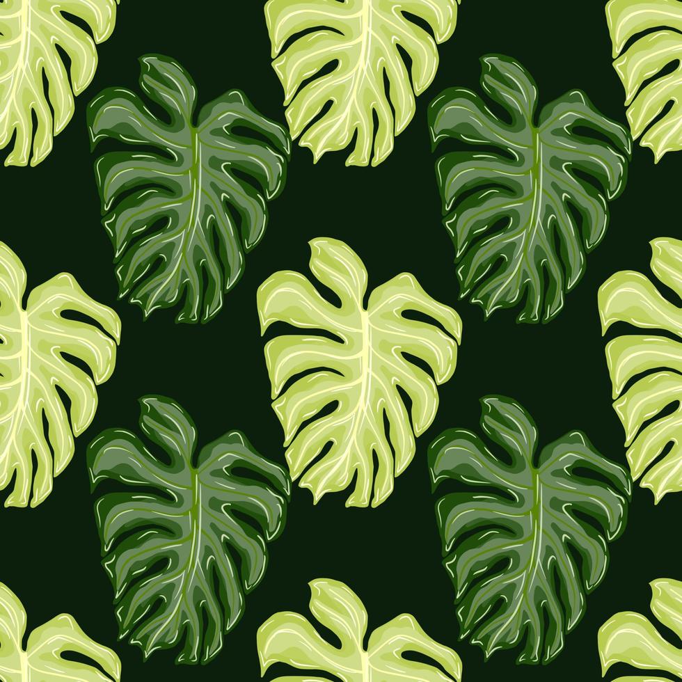 Palm greenery seamless pattern with doodle green monstera leaves print. Dark background. vector