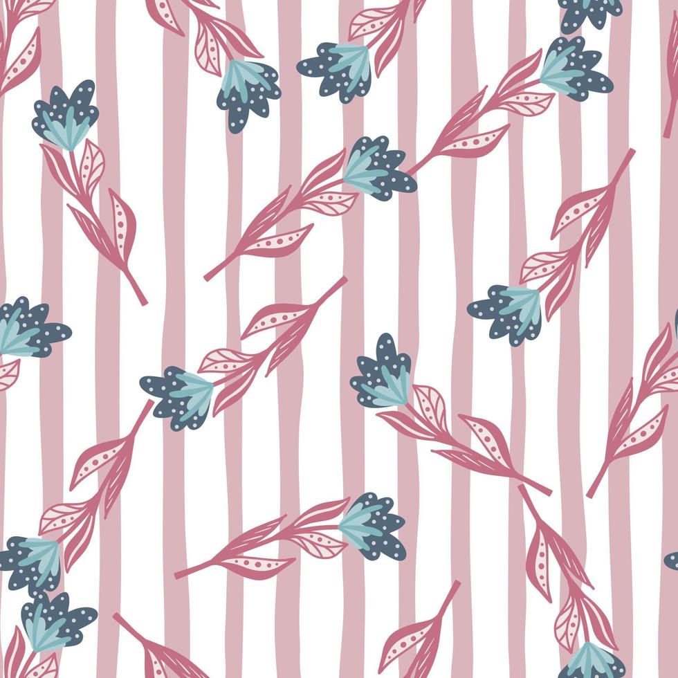 Hand drawn seamless nature pattern with random pink flowers silhouettes. Pink and white striped background. vector