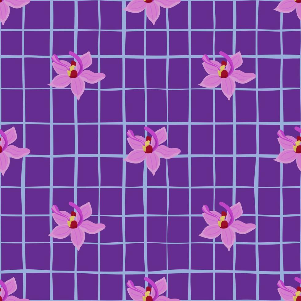 colores lilas flores de orquídeas formas patrón de garabato sin costuras. fondo a cuadros morado. estilo simple. vector