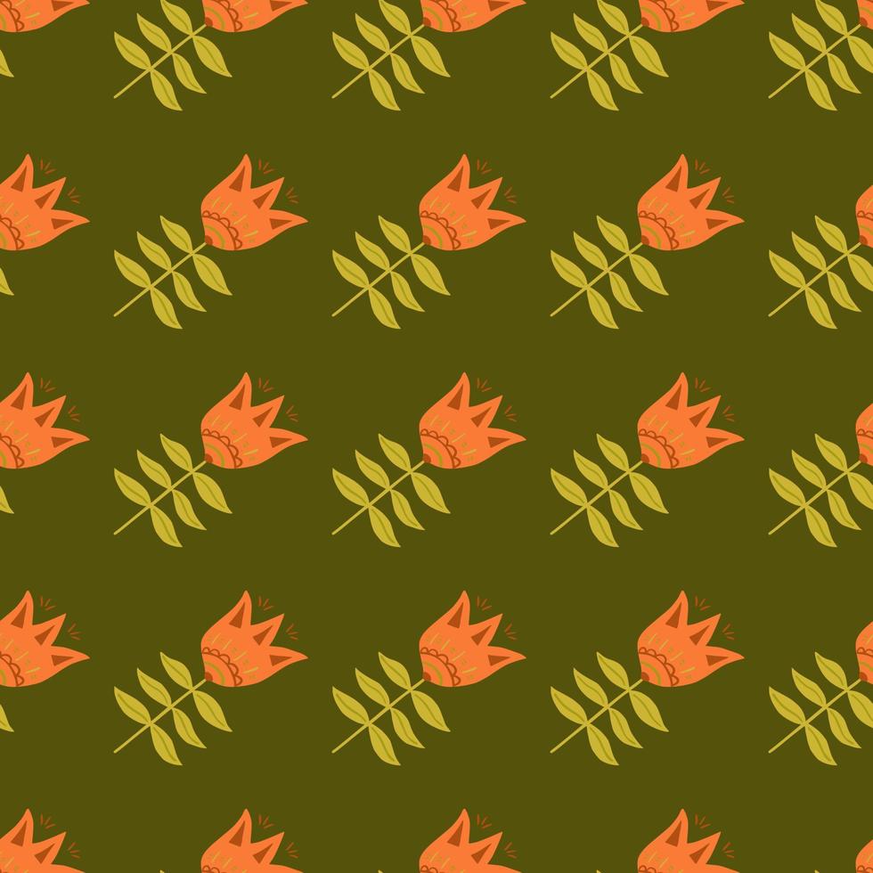 patrón sin costuras de arte popular de flores florecientes geométricas sobre fondo verde. vector