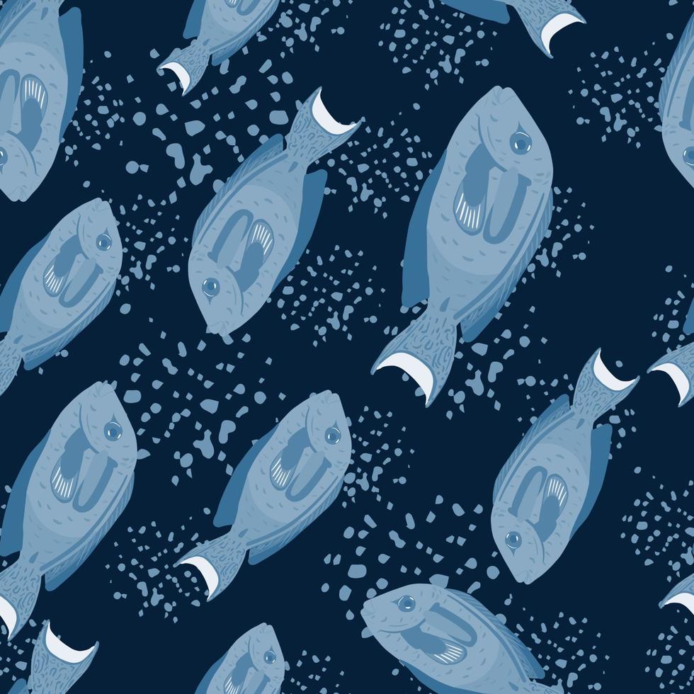Seamless random pattern with doodle blue surgeon fish silhouettes. Dark navy blue background with splashes. vector