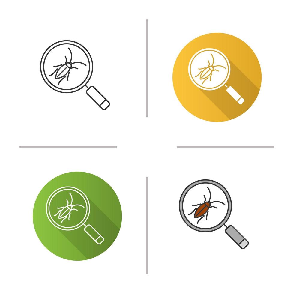 Cockroach searching icon. Flat design, linear and color styles. Pest control service. Magnifying glass with roach. Isolated vector illustrations