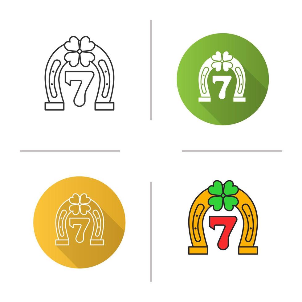 Lucky seven game icon. Flat design, linear and color styles. Horseshoe and four leaf clover with number 7. Isolated vector illustrations
