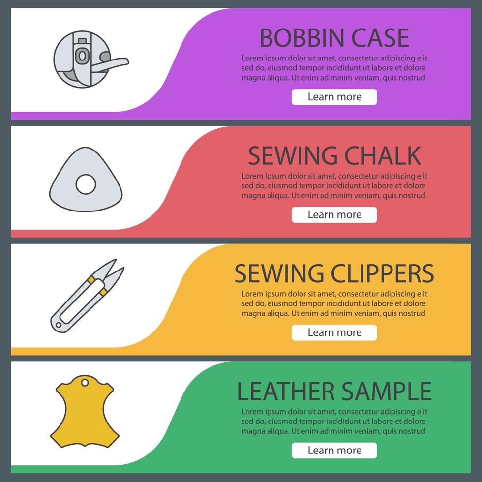 conjunto de plantillas de banner web de sastrería. estuche de bobina, tiza de coser, cortaúñas, muestrario de cuero. elementos del menú de color del sitio web. conceptos de diseño de encabezados vectoriales vector