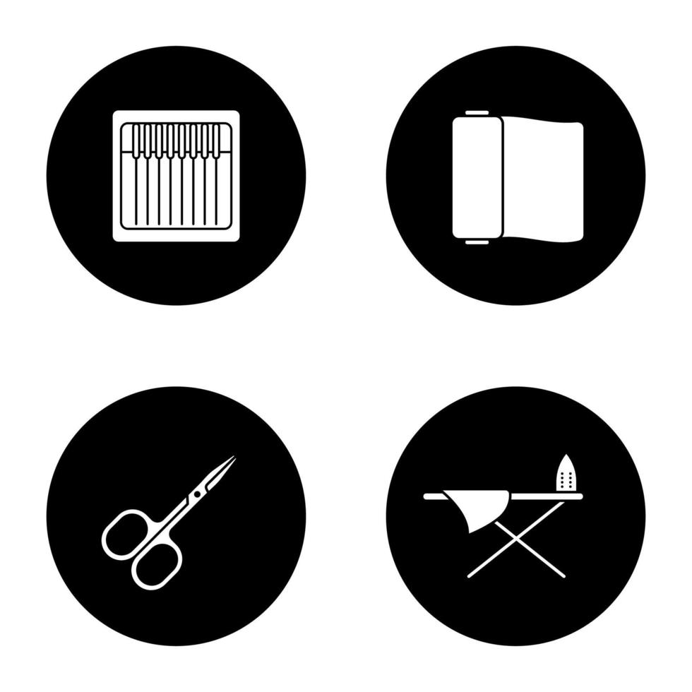 Tailoring glyph icons set. Nail scissors, ironing board, sewing machine needles, fabric roll. Vector white silhouettes illustrations in black circles