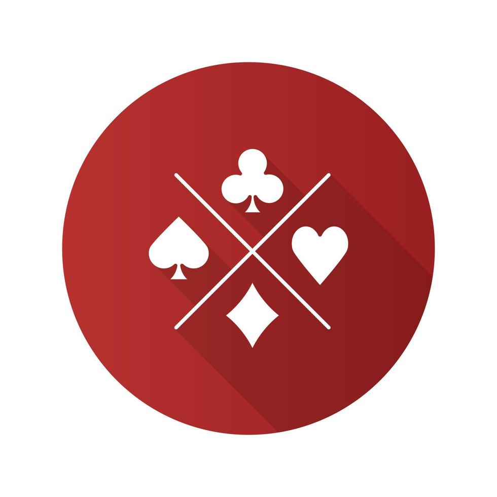 Suits of playing cards flat design long shadow glyph icon. Spade, clubs, heart, diamond. Casino. Vector silhouette illustration