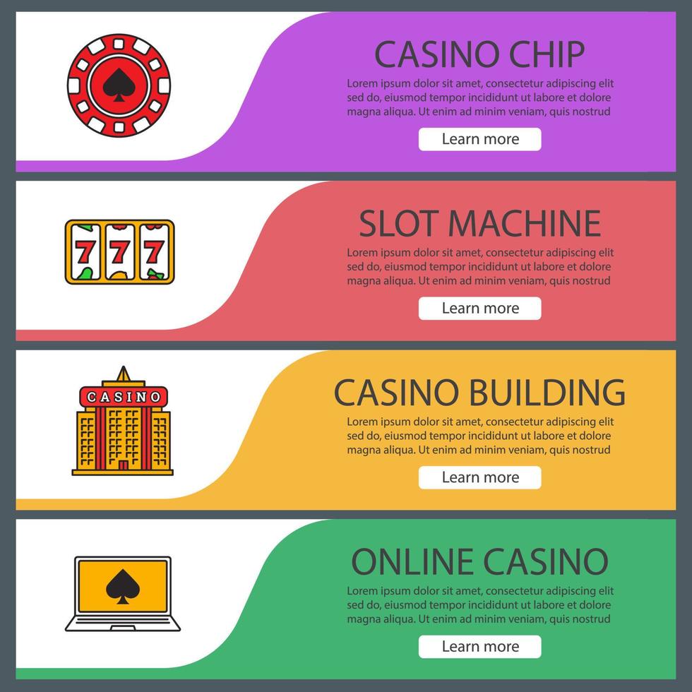 Casino web banner templates set. Gambling chip, slot machine, casino building, online poker. Website color menu items. Vector headers design concepts