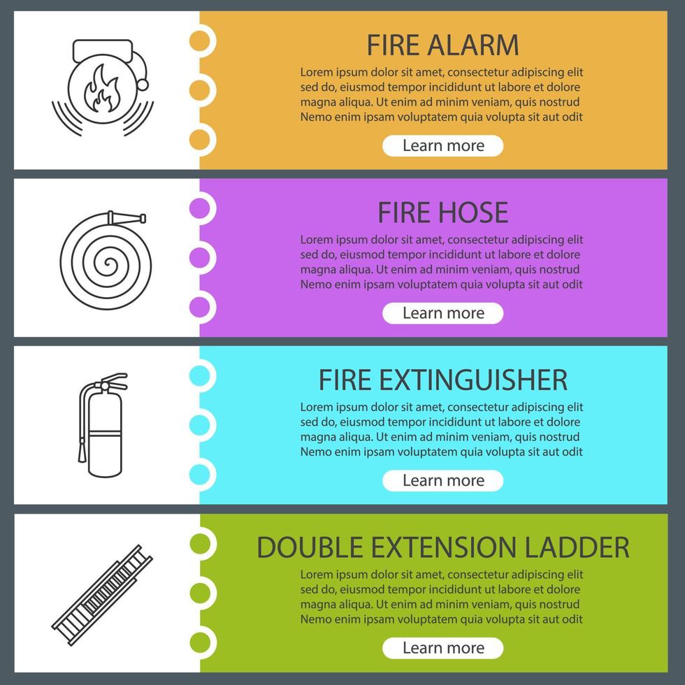 Firefighting web banner templates set. Alarm bag, fire hose, extinguisher, double extension ladder. Website color menu items with linear icons. Vector headers design concepts