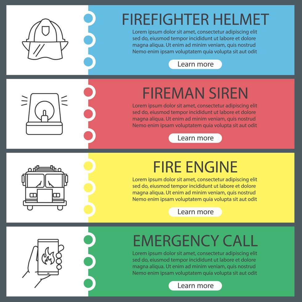 Firefighting web banner templates set. Hard hat, fireman siren, fire engine, emergency call. Website color menu items with linear icons. Vector headers design concepts